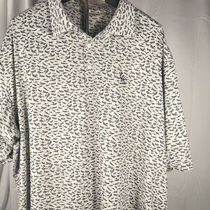 Peter Millar gray polo w/black airplanes & a small LCC 1922 embroidered on chest